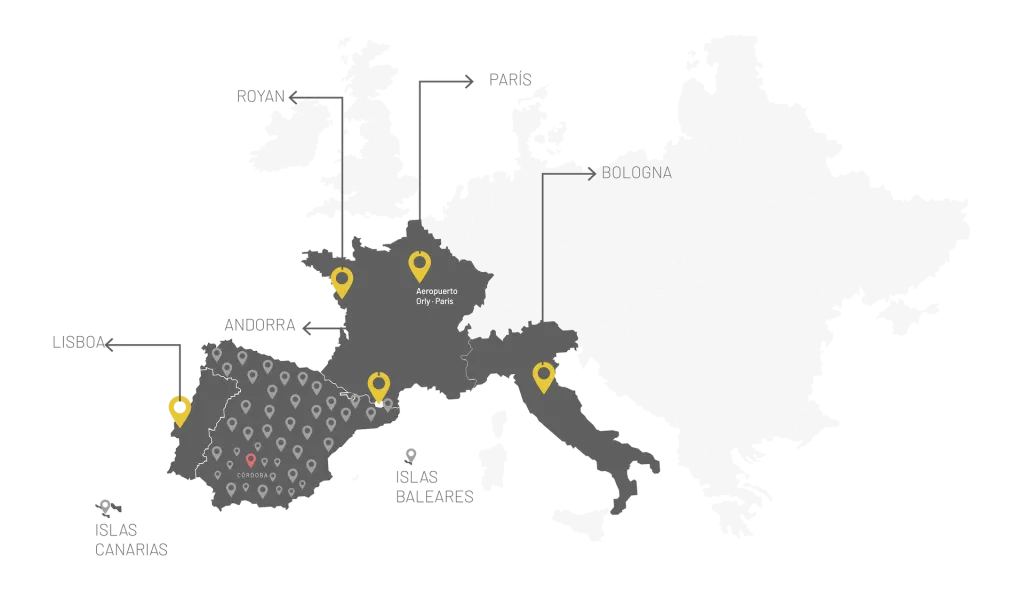 Mapa de cobertura de SETIN: toda España, Baleares, Canarias, Lisboa, Andorra, París (Orly), Royan y Bolonia, con sede en Córdoba