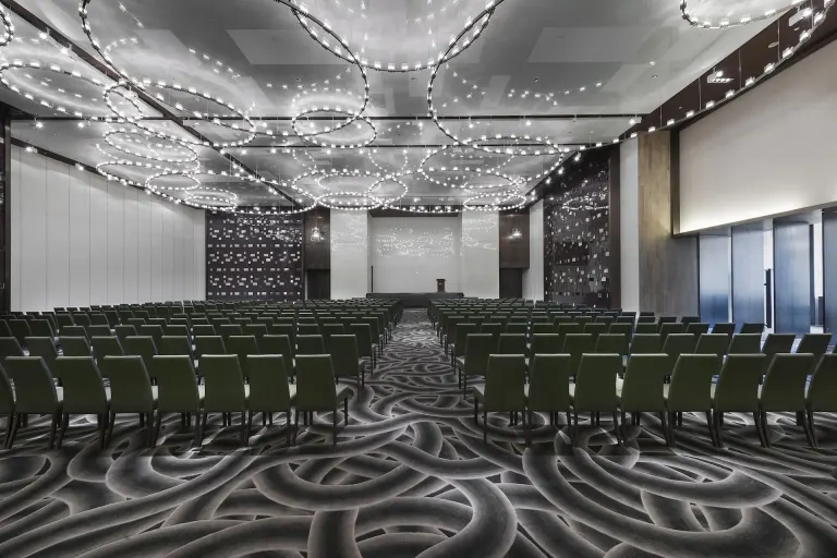 Salón de congresos con moqueta estampada y sillas en filas