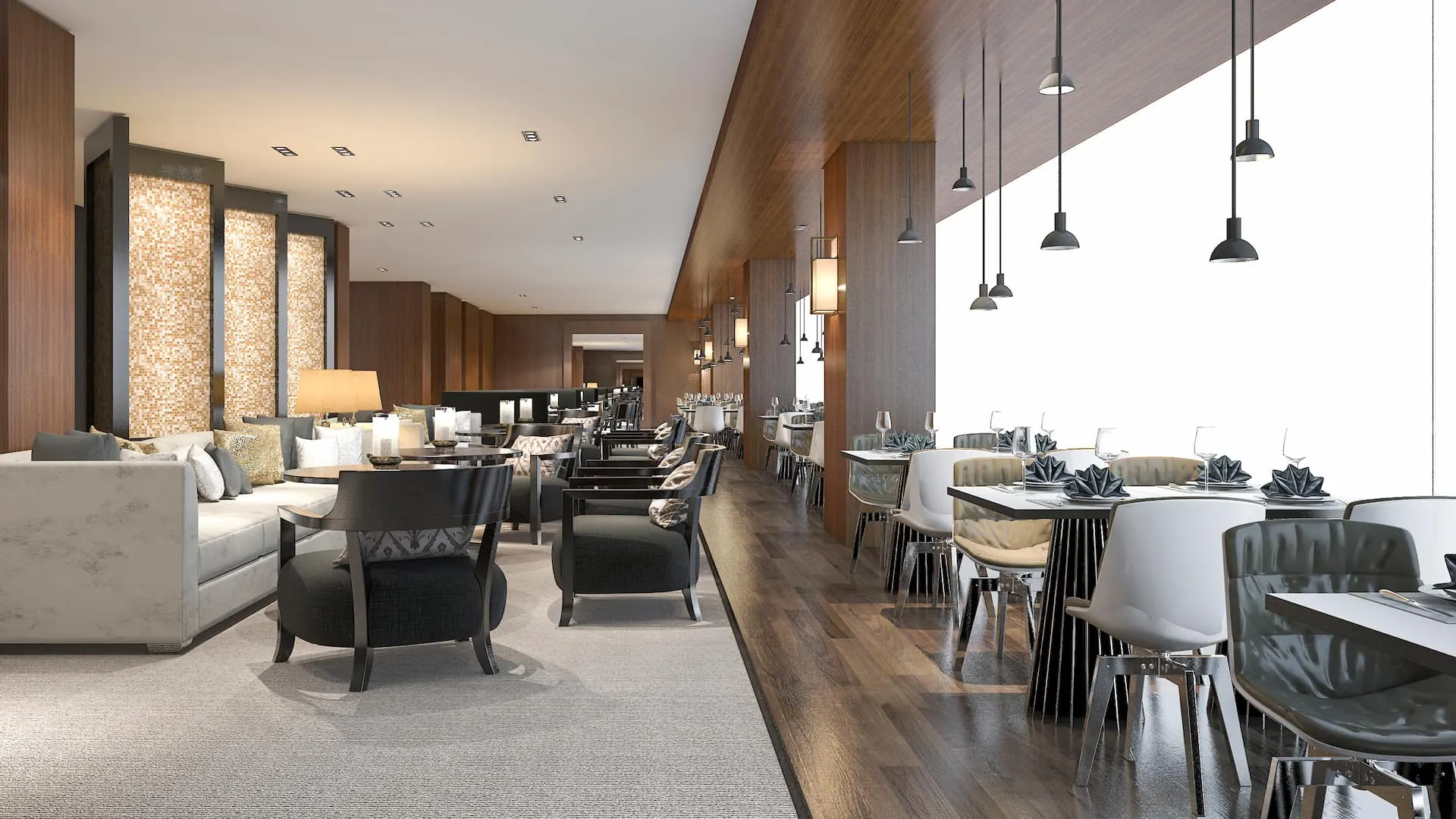 Recepción, salón y restaurante de un hotel con mobiliario de diseño