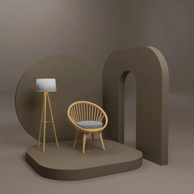 Silla de madera y lámpara de pie sobre una tarima de diseño