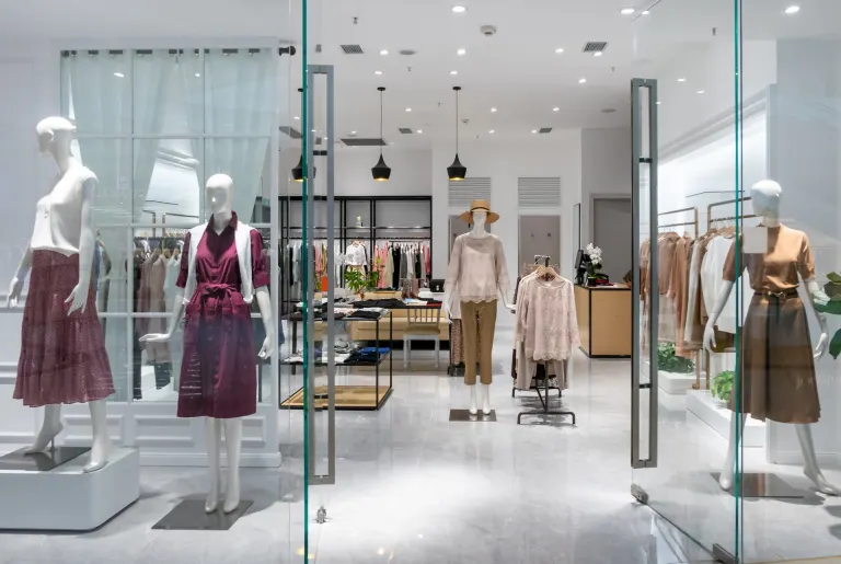 Tienda de moda con maniquíes y mobiliario a medida en un centro comercial
